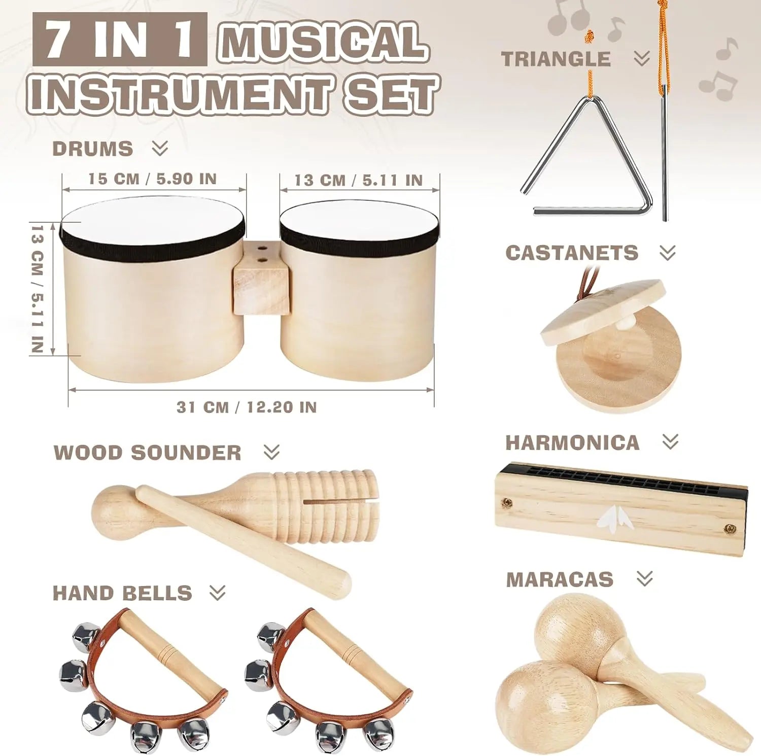 Fidtoy - Juguetes Musicales de 7 Piezas para Niños Pequeños, Set de Instrumentos de Madera, Tambor, Campanas, Maracas, Juguetes Educativos