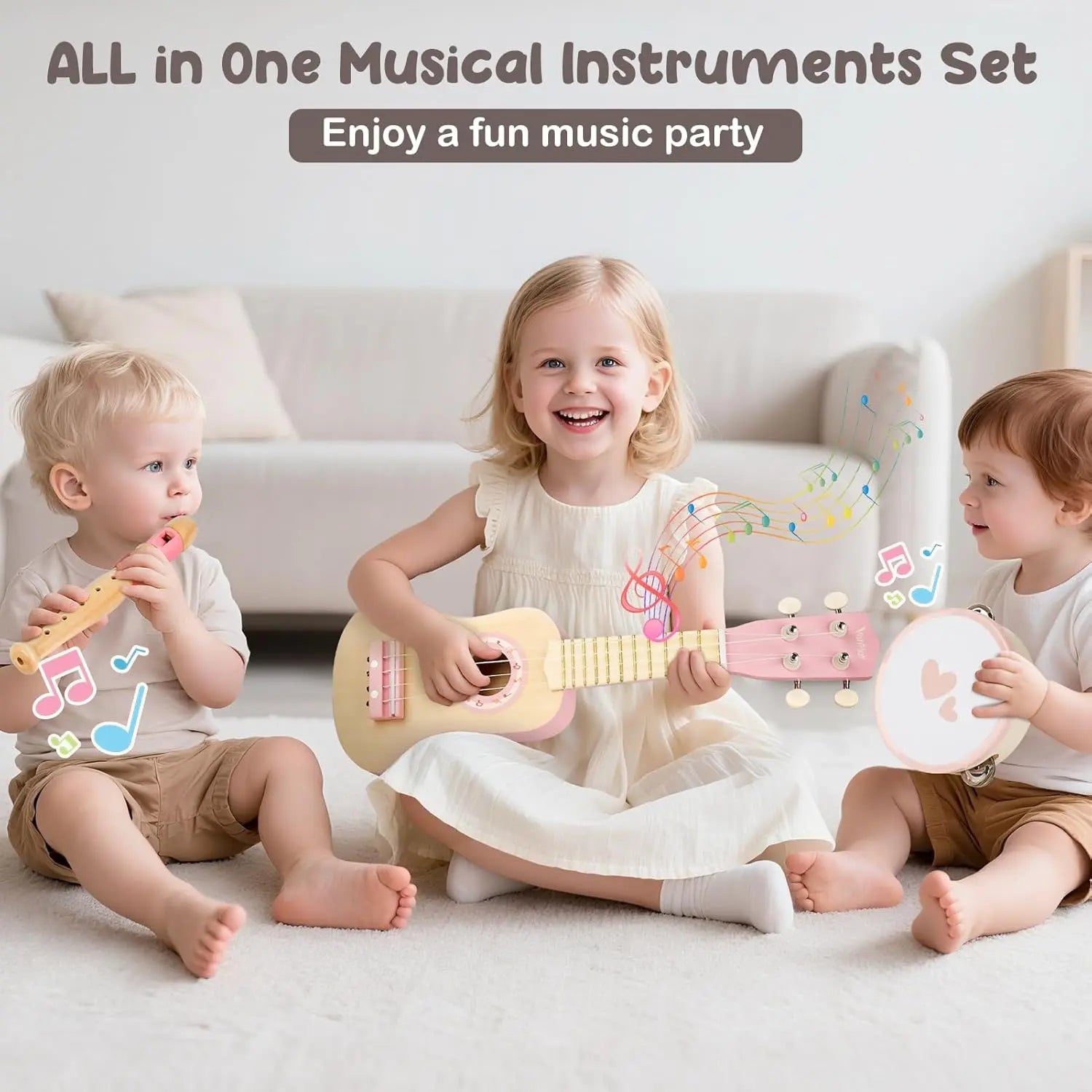 Juego de juguetes musicales de madera Fidtoy para niños pequeños, juego de instrumentos de ukelele, juguetes de aprendizaje musical