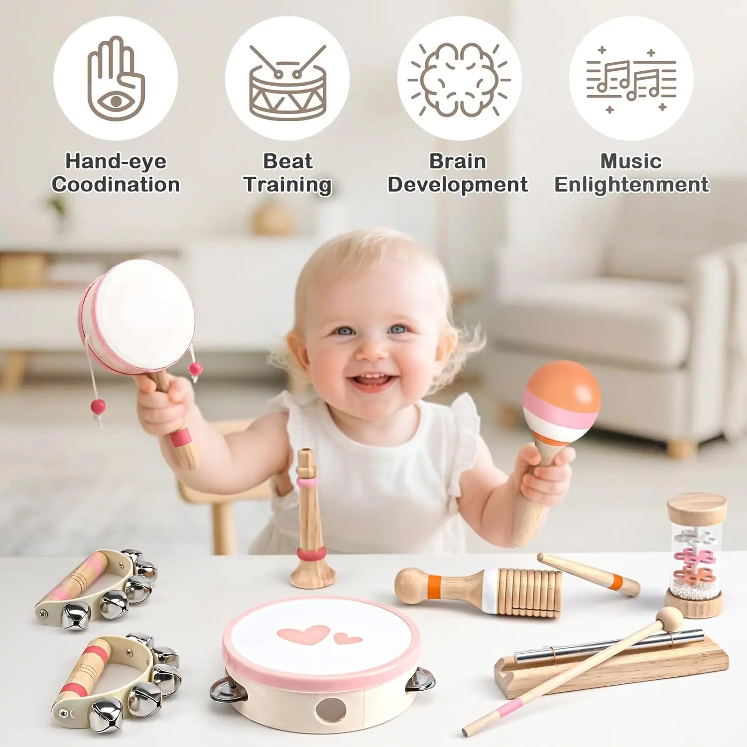 Juego de juguetes musicales de madera Fidtoy para niños pequeños, juego de instrumentos de 8 piezas, juguetes musicales educativos