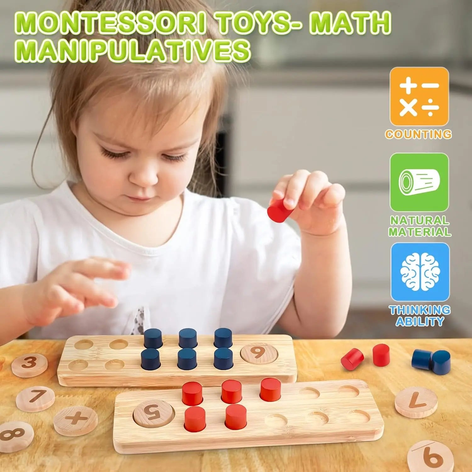 Fidtoy Wooden Math Toy for Toddlers Counting Addition Subtraction Learning Set with Pegs and Numbers