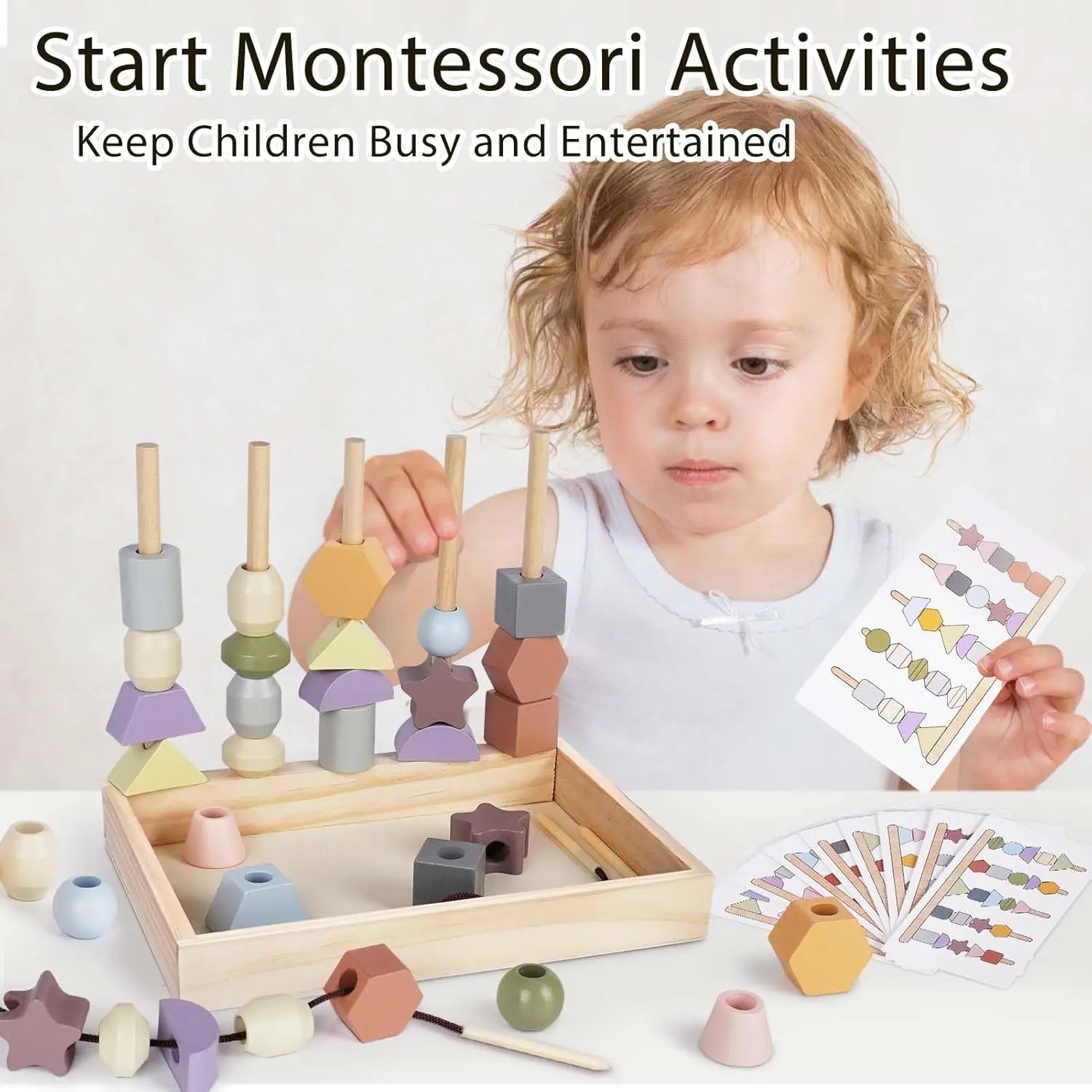 Fidtoy Wooden Toy for Toddlers Color Shape Matching Stacking Threading Learning Toy Set
