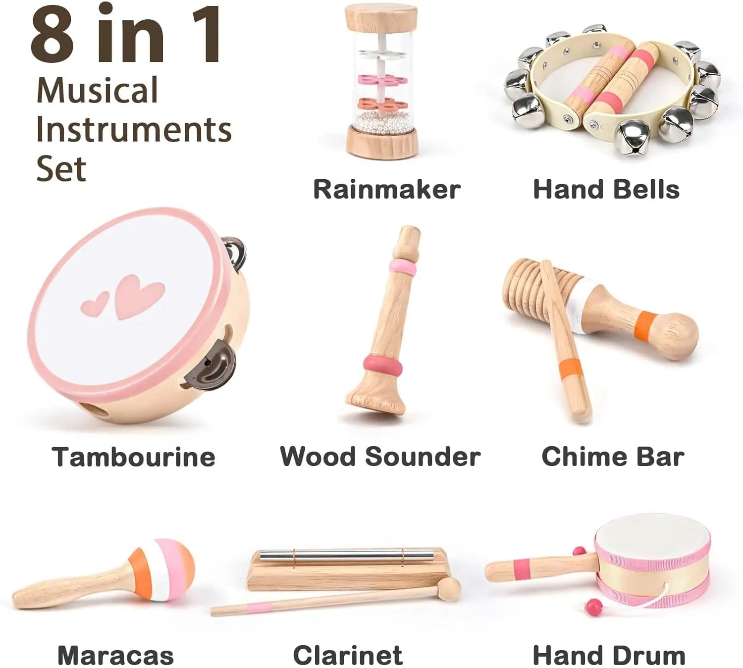 Fidtoy Wooden Music Toy Set for Toddlers 8 Piece Instrument Set Musical Learning Toys