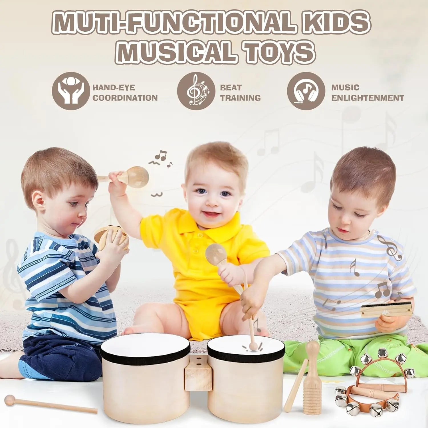 Fidtoy - Juguetes Musicales de 7 Piezas para Niños Pequeños, Set de Instrumentos de Madera, Tambor, Campanas, Maracas, Juguetes Educativos