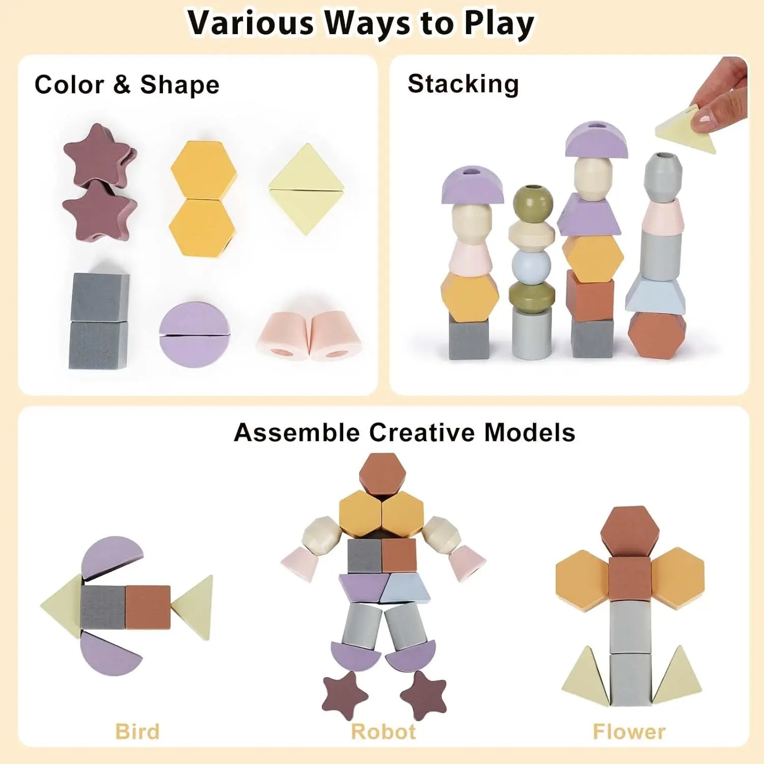 Fidtoy Wooden Toy for Toddlers Color Shape Matching Stacking Threading Learning Toy Set