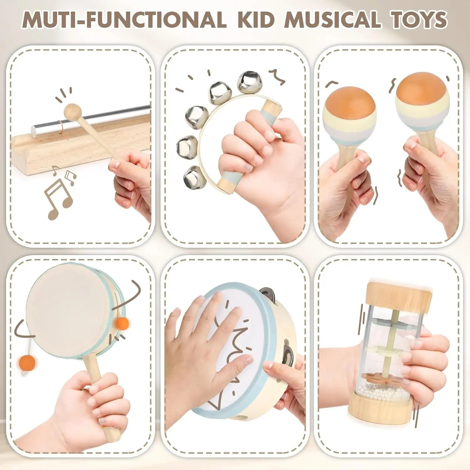 Fidtoy Juego de 8 instrumentos musicales de madera para niños pequeños, set de instrumentos de ritmo con tambor, campanas y maracas