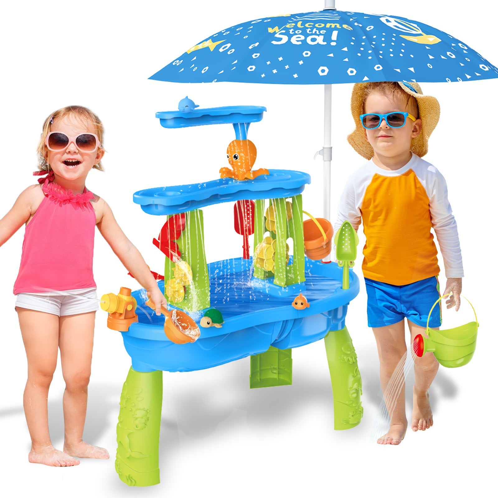 3-Tier Sand and Water Table with Umbrella & Beach Toys Outdoor Sand Water Play Table for Kids Summer Backyard Toy with Water Wheel, Buckets, and Accessories, Ideal for Boys & Girls