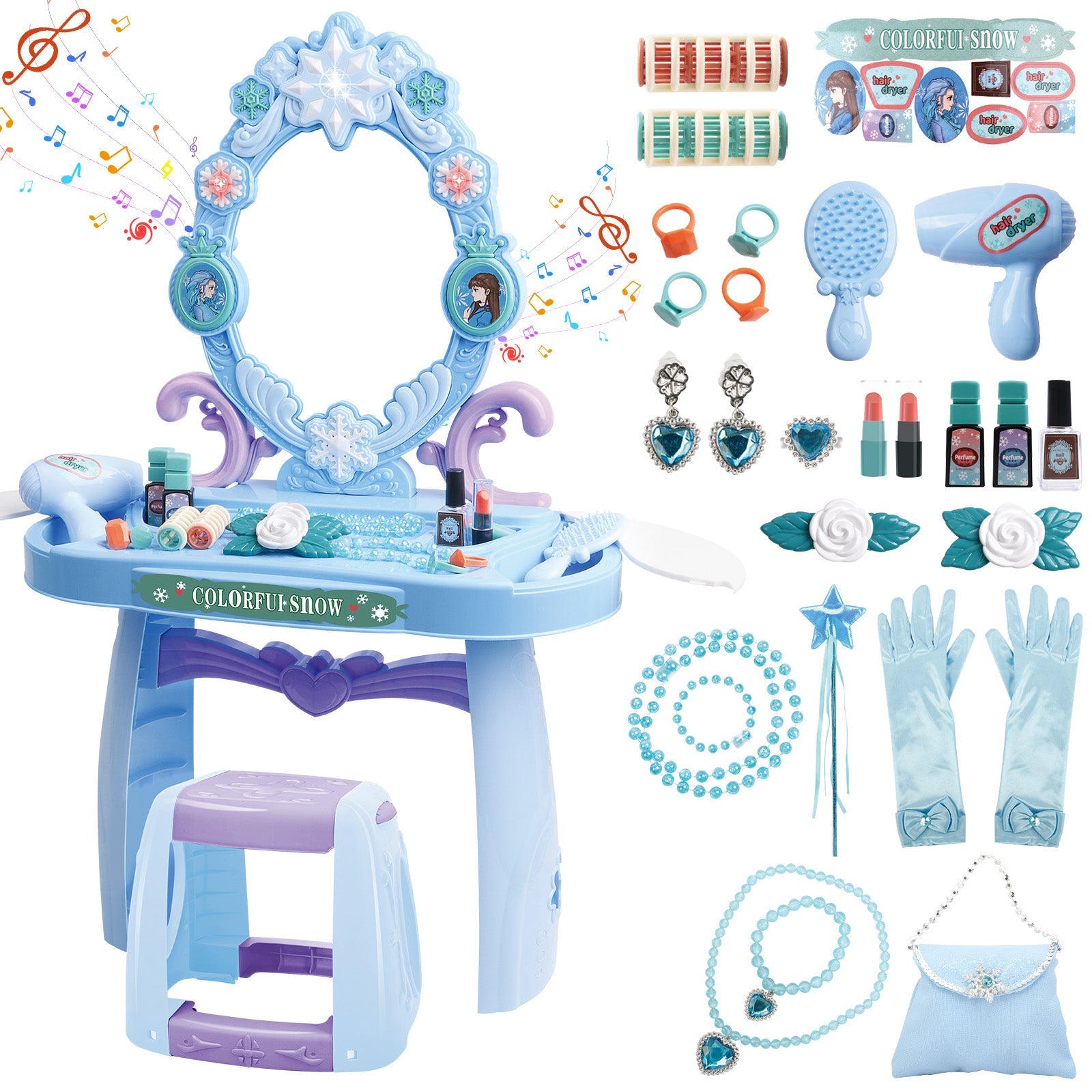 Girls Light Makeup Table Vanity Set with Mirror, Lights & Music, Pretend Play Hair & Makeup Toys with Accessories, Jewelry, Pretend Cosmetics Storage Toddler Princess Dressing Table Gift