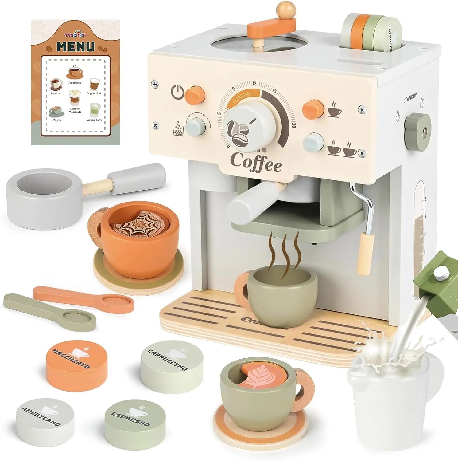 Cafetera De Madera De Juguete Dokeno Para Niños 3-6 Años | Juego De Café Con Accesorios Y Botones Realistas Para Juego De Roles