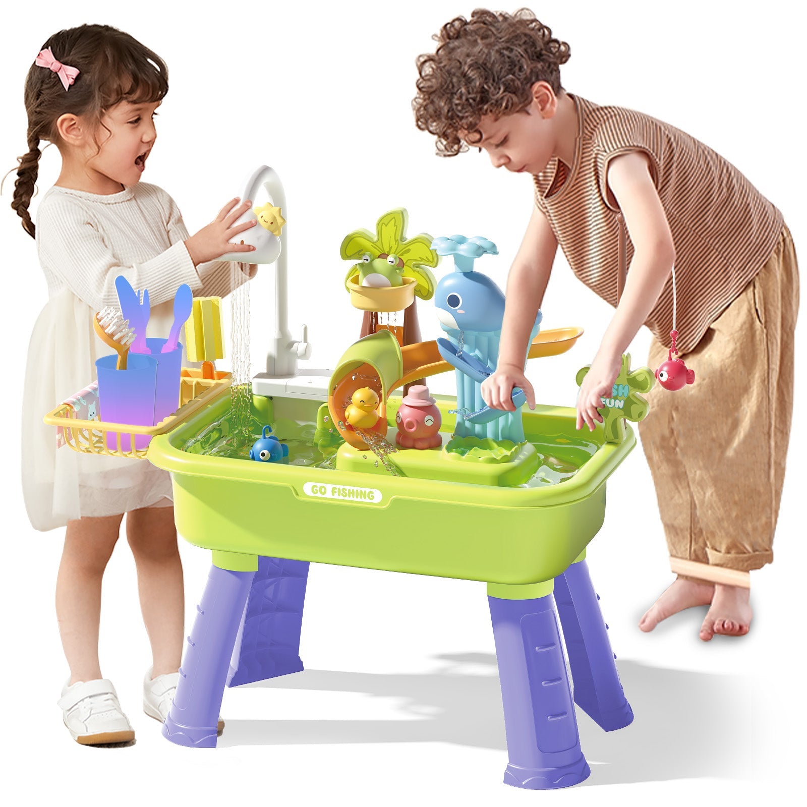 Beach Table & Simulation Kitchen Sink 2-in-1 Toy Set with Water Supply Function Simulation Dishwashing Set with Faucet Color-changing Tableware in Warm Water Children's Role Playing Toy with Accessories Gift