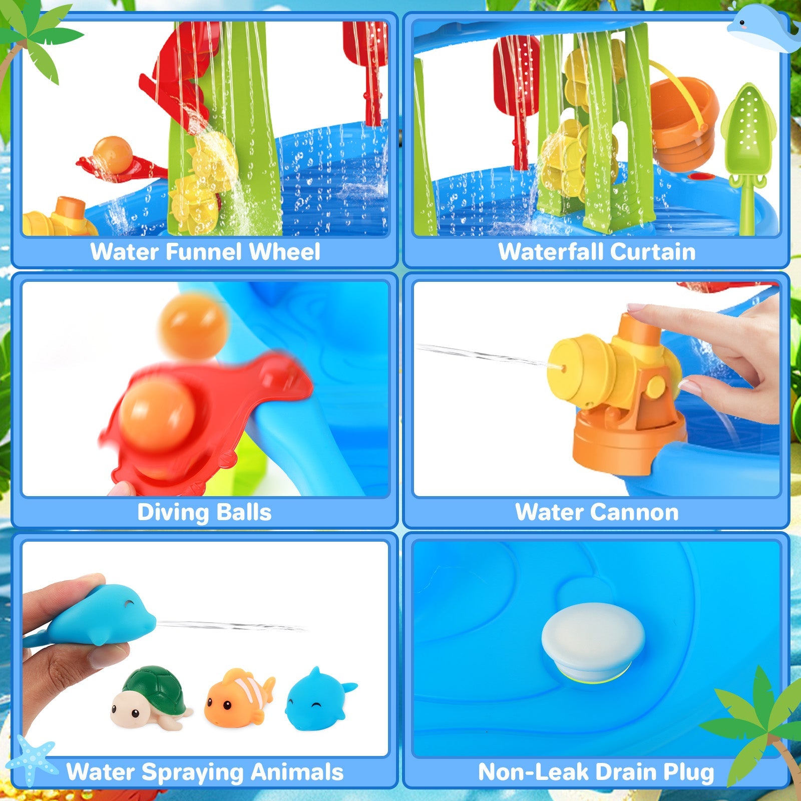 3-Tier Sand and Water Table with Umbrella & Beach Toys Outdoor Sand Water Play Table for Kids Summer Backyard Toy with Water Wheel, Buckets, and Accessories, Ideal for Boys & Girls