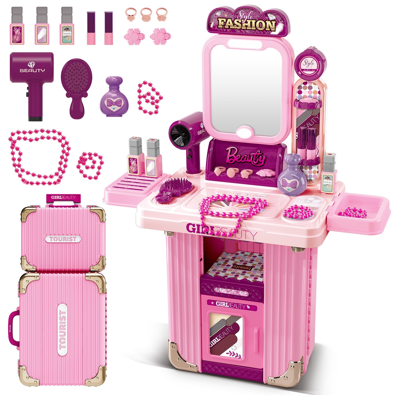 Kids Beauty Vanity Set with Suitcase Dressing Table Hair Salon Pretend Makeup & Hairdressing Toy Set Portable Dressing Table Princess Dress Up Playset Gift Toddler