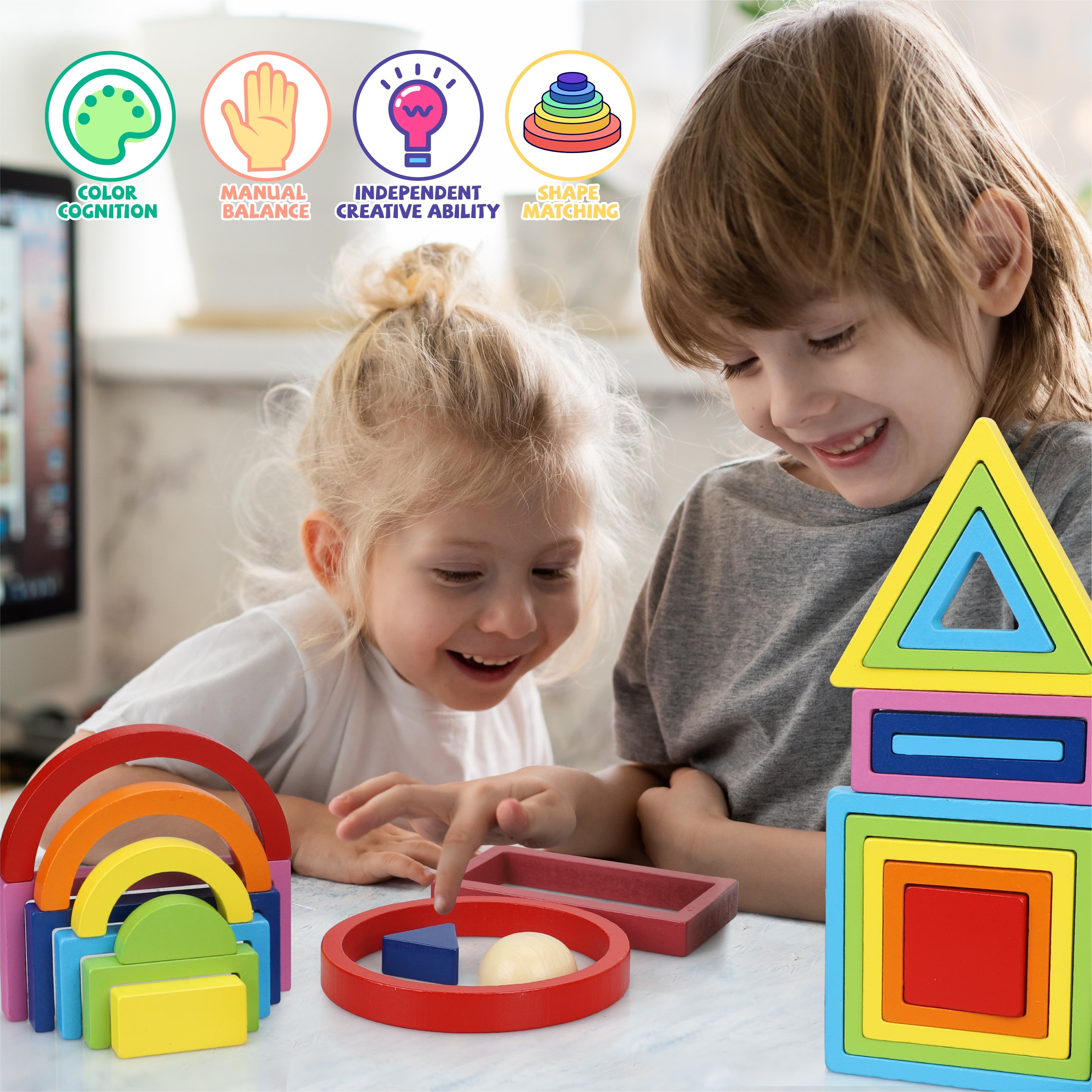 Fidtoy Wooden Rainbow Stacking Block Set for Toddlers 1-5