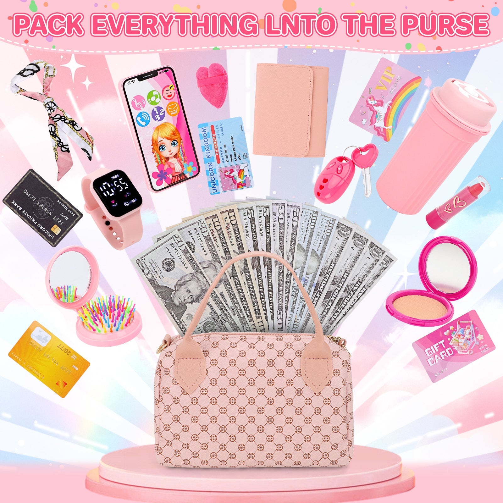Kids Pretend Play Purse Set with Accessories – Girls Role Play Handbag Toy with Play Smartphone, Wallet, Fake Cash, Cards, Watch, Makeup, Hairbrush & Travel Cup – Educational Princess Dress Up Gifts for Girls Ages 3+