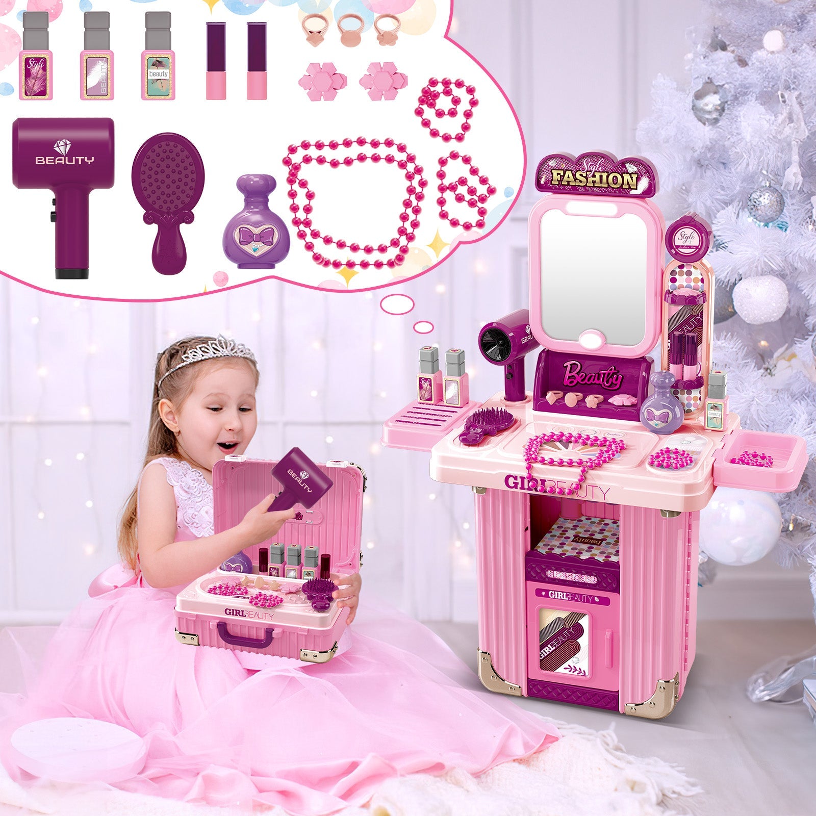 Kids Beauty Vanity Set with Suitcase Dressing Table Hair Salon Pretend Makeup & Hairdressing Toy Set Portable Dressing Table Princess Dress Up Playset Gift Toddler