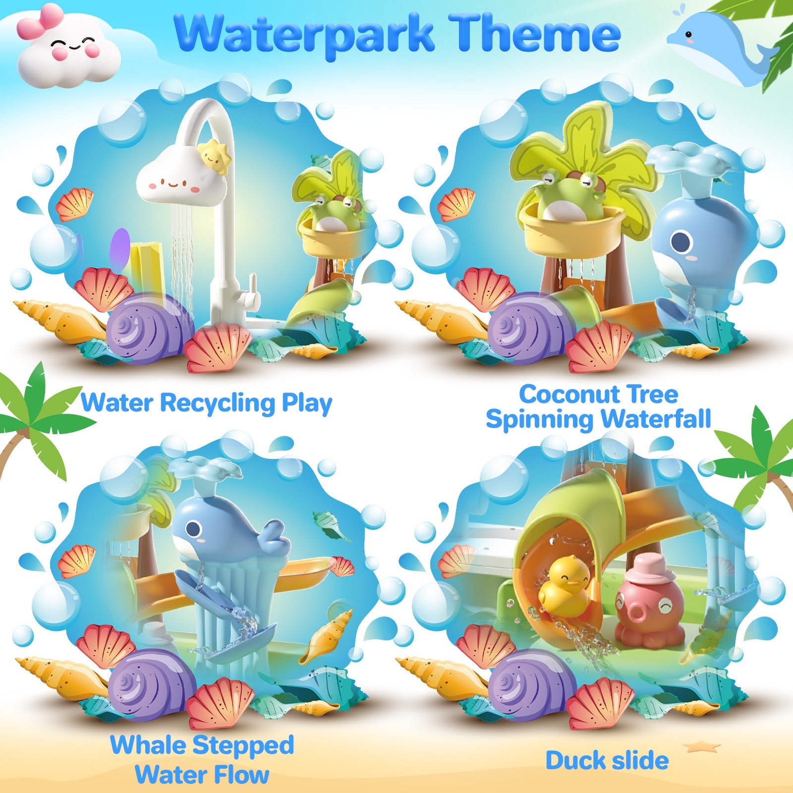 Beach Table & Simulation Kitchen Sink 2-in-1 Toy Set with Water Supply Function Simulation Dishwashing Set with Faucet Color-changing Tableware in Warm Water Children's Role Playing Toy with Accessories Gift