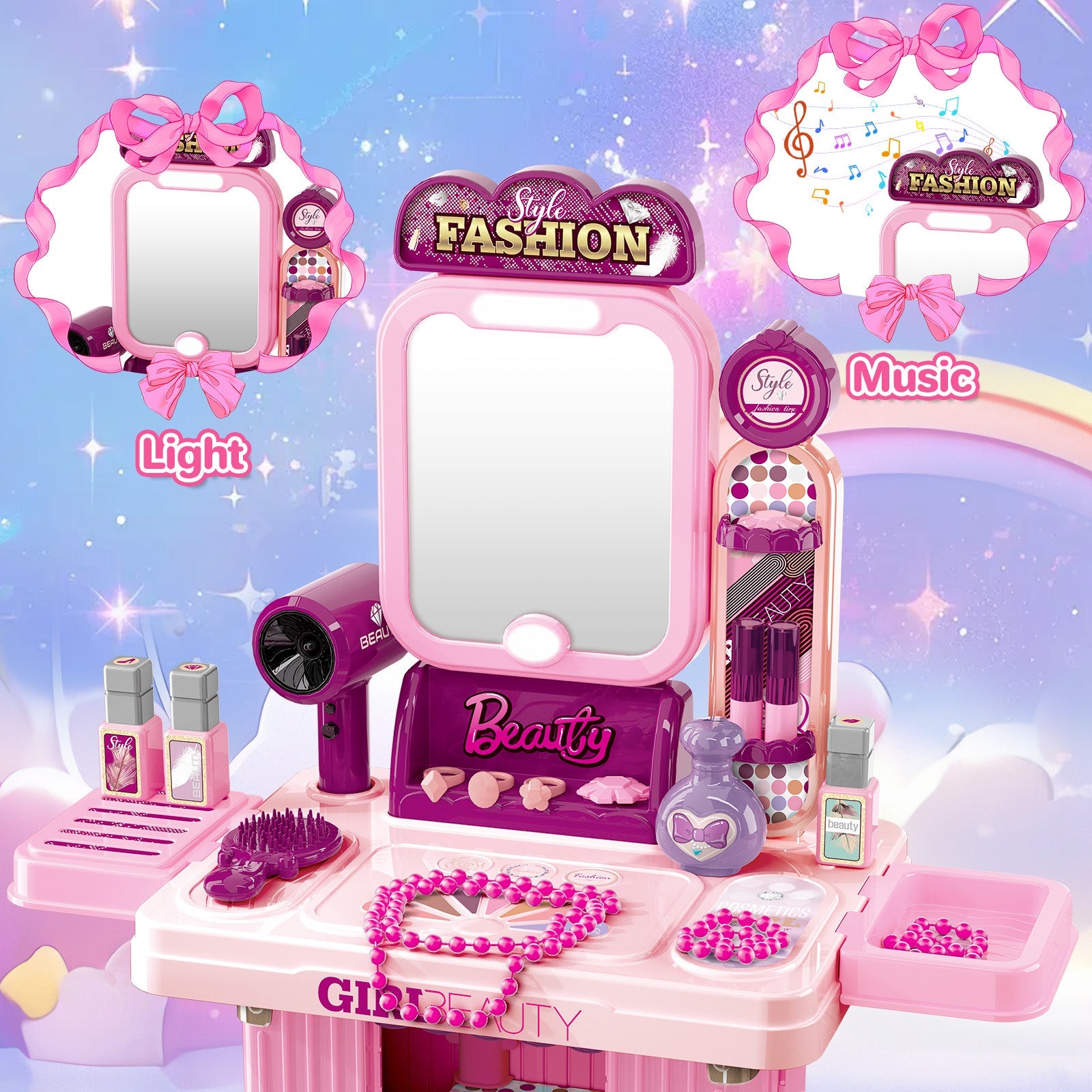 Kids Beauty Vanity Set with Suitcase Dressing Table Hair Salon Pretend Makeup & Hairdressing Toy Set Portable Dressing Table Princess Dress Up Playset Gift Toddler