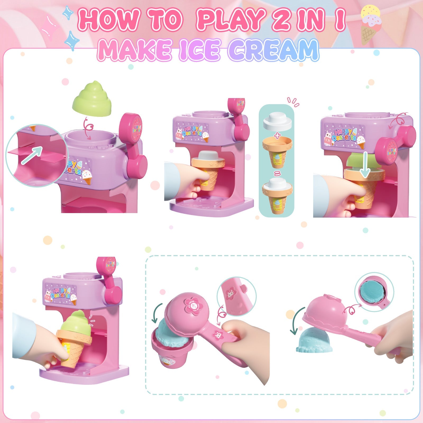 2-in-1 Color Changing Dessert Maker Playset -Ice Cream & Cake Toy with Ice Water Colour Change, Pretend Play Kitchen Toys for Kids,Birthday Gifts for Girls & Boys