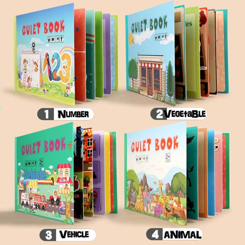 Fidtoy Montessori Livre d'éveil silencieux pour tout-petits | Livre d'activités éducatif et interactif pour apprendre les chiffres, les animaux, les légumes et la circulation routière