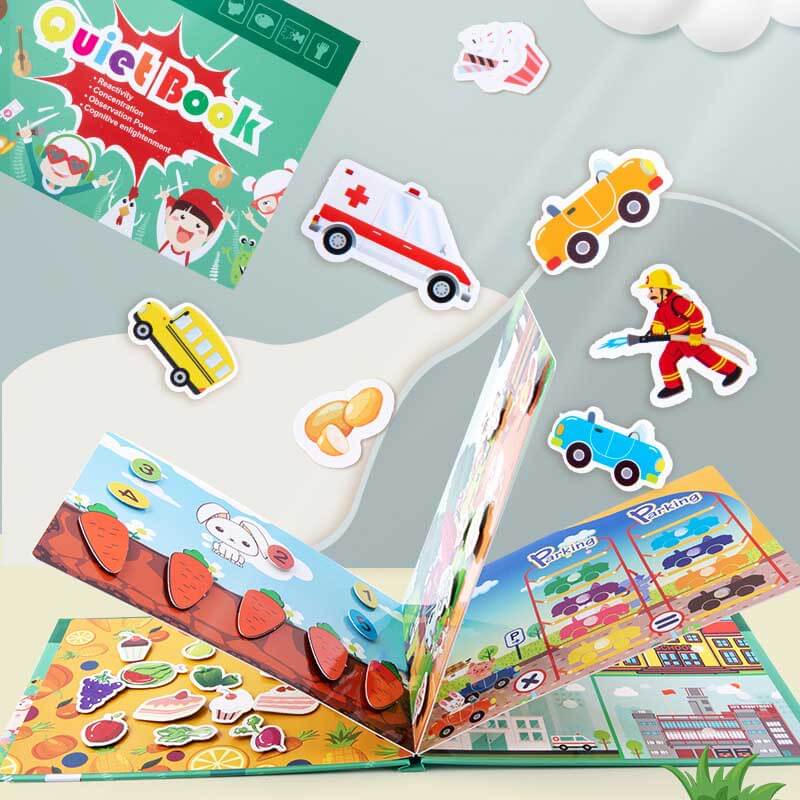 Fidtoy Montessori Livre d'éveil silencieux pour tout-petits | Livre d'activités éducatif et interactif pour apprendre les chiffres, les animaux, les légumes et la circulation routière