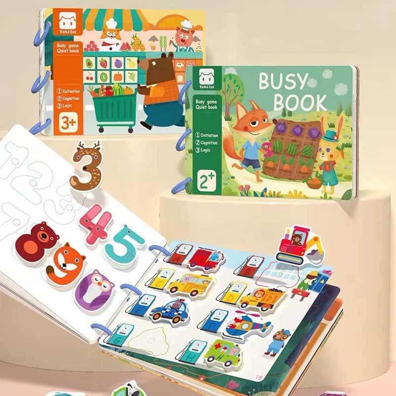 Fidtoy Montessori Livre d'éveil silencieux pour tout-petits | Livre d'activités éducatif et interactif pour apprendre les chiffres, les animaux, les légumes et la circulation routière