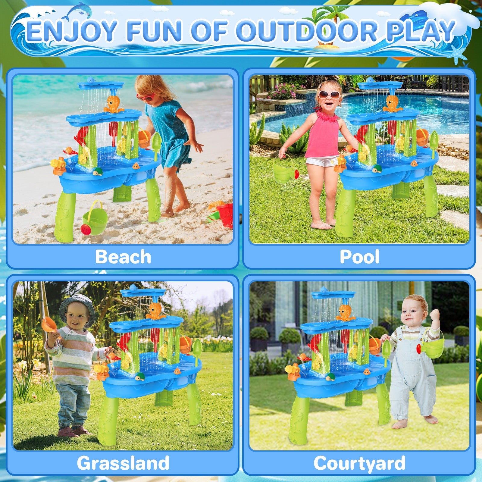 3-Tier Sand and Water Table with Umbrella & Beach Toys Outdoor Sand Water Play Table for Kids Summer Backyard Toy with Water Wheel, Buckets, and Accessories, Ideal for Boys & Girls