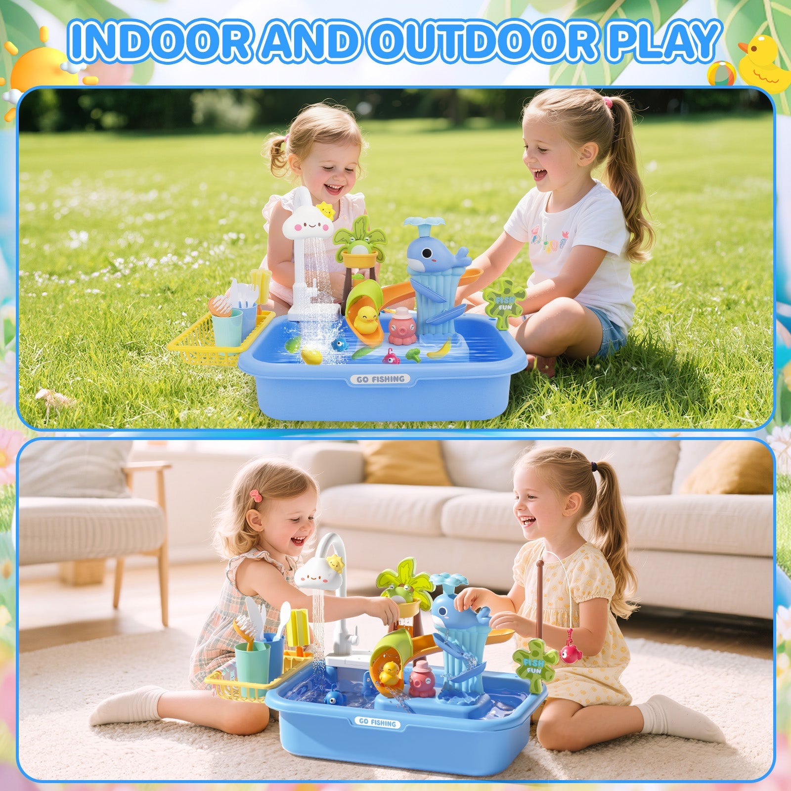 Pretend Play Kitchen Sink with Real Running Water -4-in-1 Water Play Table, Floating Pool, Fishing & Duck Slide Game - Interactive Washing Up Toy for Toddlers & Kids (Blue