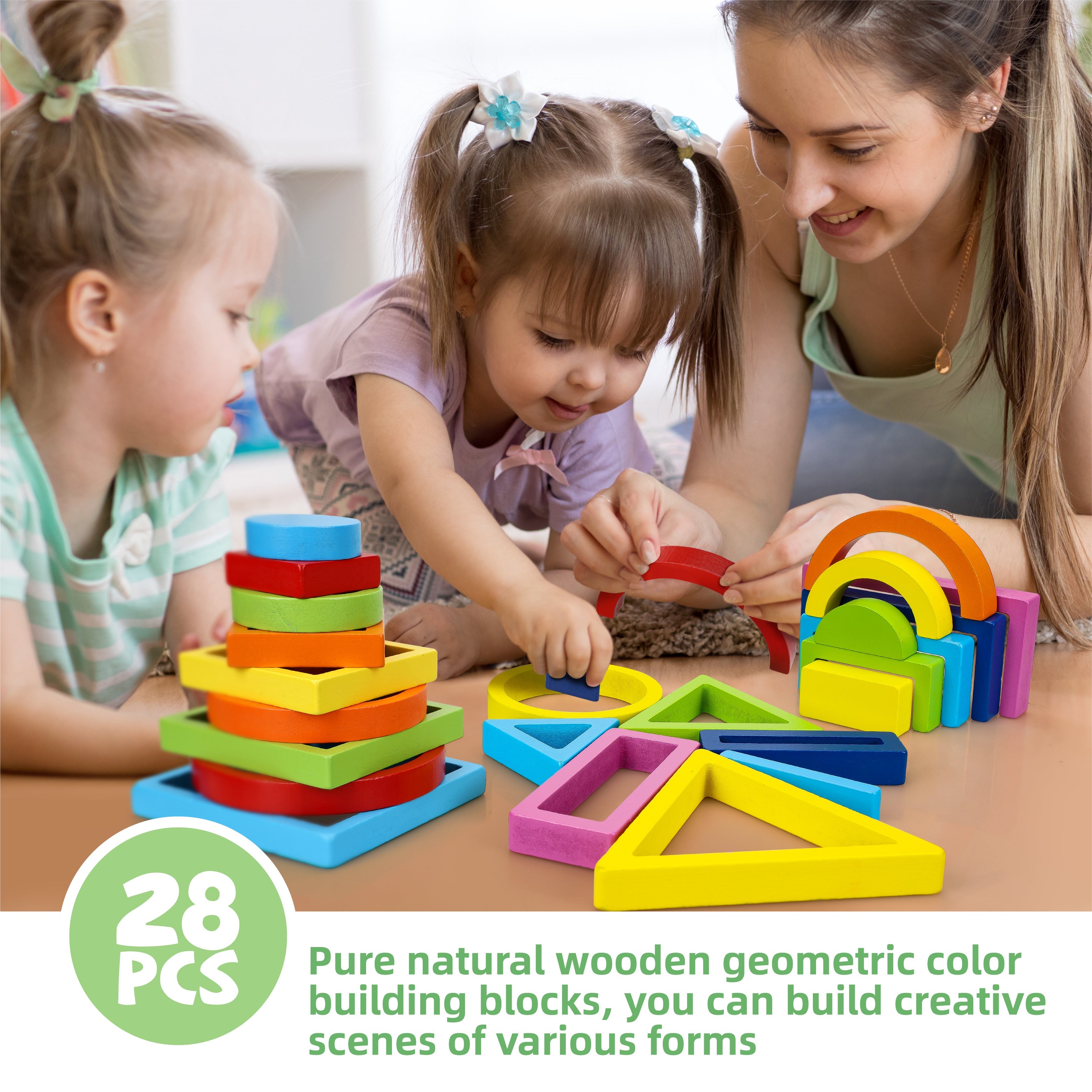 Fidtoy Wooden Rainbow Stacking Block Set for Toddlers 1-5