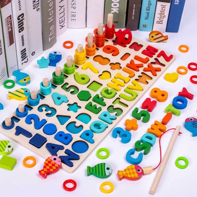 Fidtoy Jouet d'apprentissage en bois chiffres et formes pour tout-petits | Montessori comptage et tri des couleurs