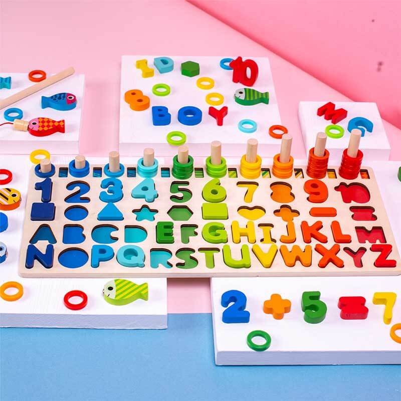 Fidtoy Jouet d'apprentissage en bois chiffres et formes pour tout-petits | Montessori comptage et tri des couleurs