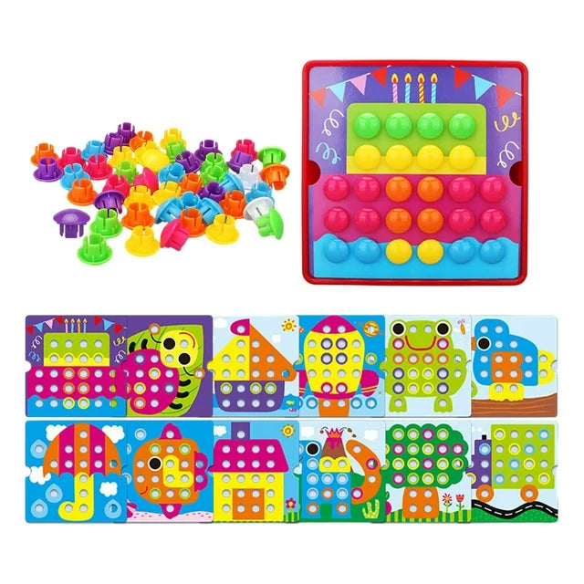 Fidtoy Button Art Matching Toy for Kids – Montessori Peg Board Mosaic Puzzle with Picture Cards