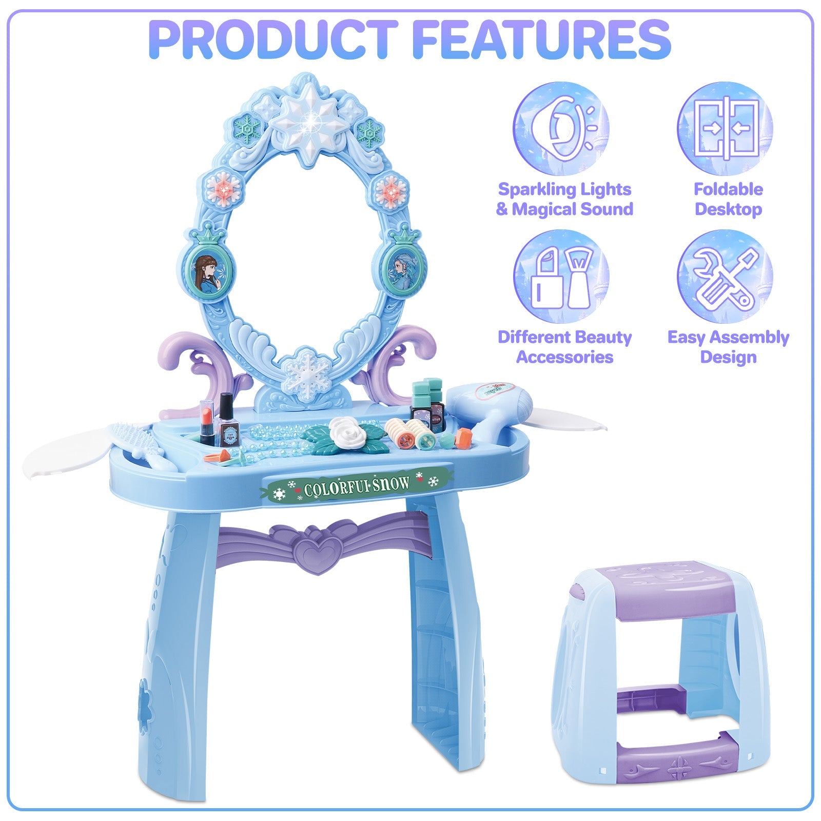 Girls Light Makeup Table Vanity Set with Mirror, Lights & Music, Pretend Play Hair & Makeup Toys with Accessories, Jewelry, Pretend Cosmetics Storage Toddler Princess Dressing Table Gift