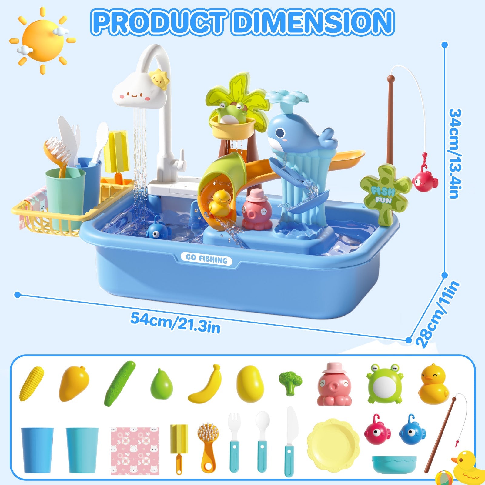 Pretend Play Kitchen Sink with Real Running Water -4-in-1 Water Play Table, Floating Pool, Fishing & Duck Slide Game - Interactive Washing Up Toy for Toddlers & Kids (Blue