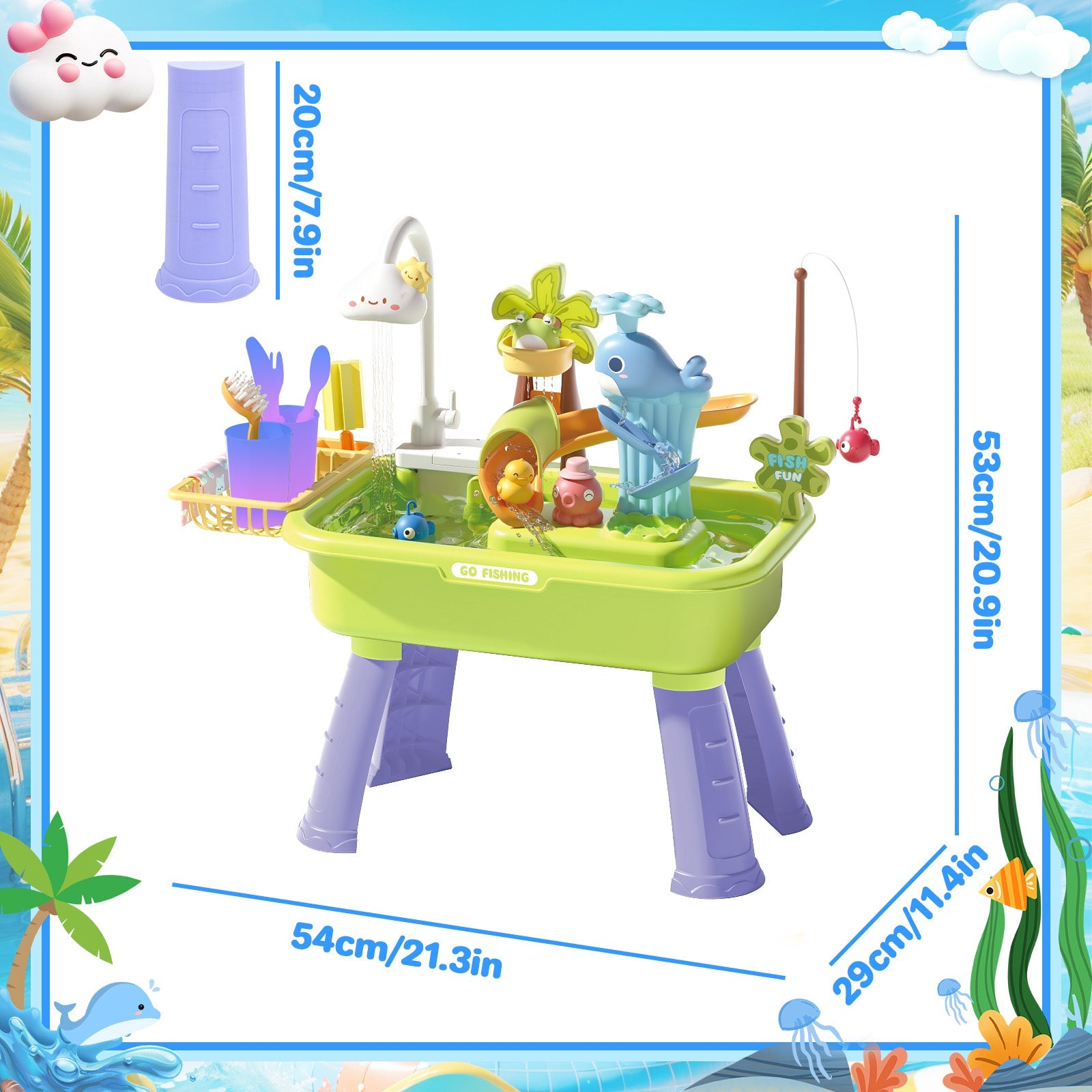 Beach Table & Simulation Kitchen Sink 2-in-1 Toy Set with Water Supply Function Simulation Dishwashing Set with Faucet Color-changing Tableware in Warm Water Children's Role Playing Toy with Accessories Gift