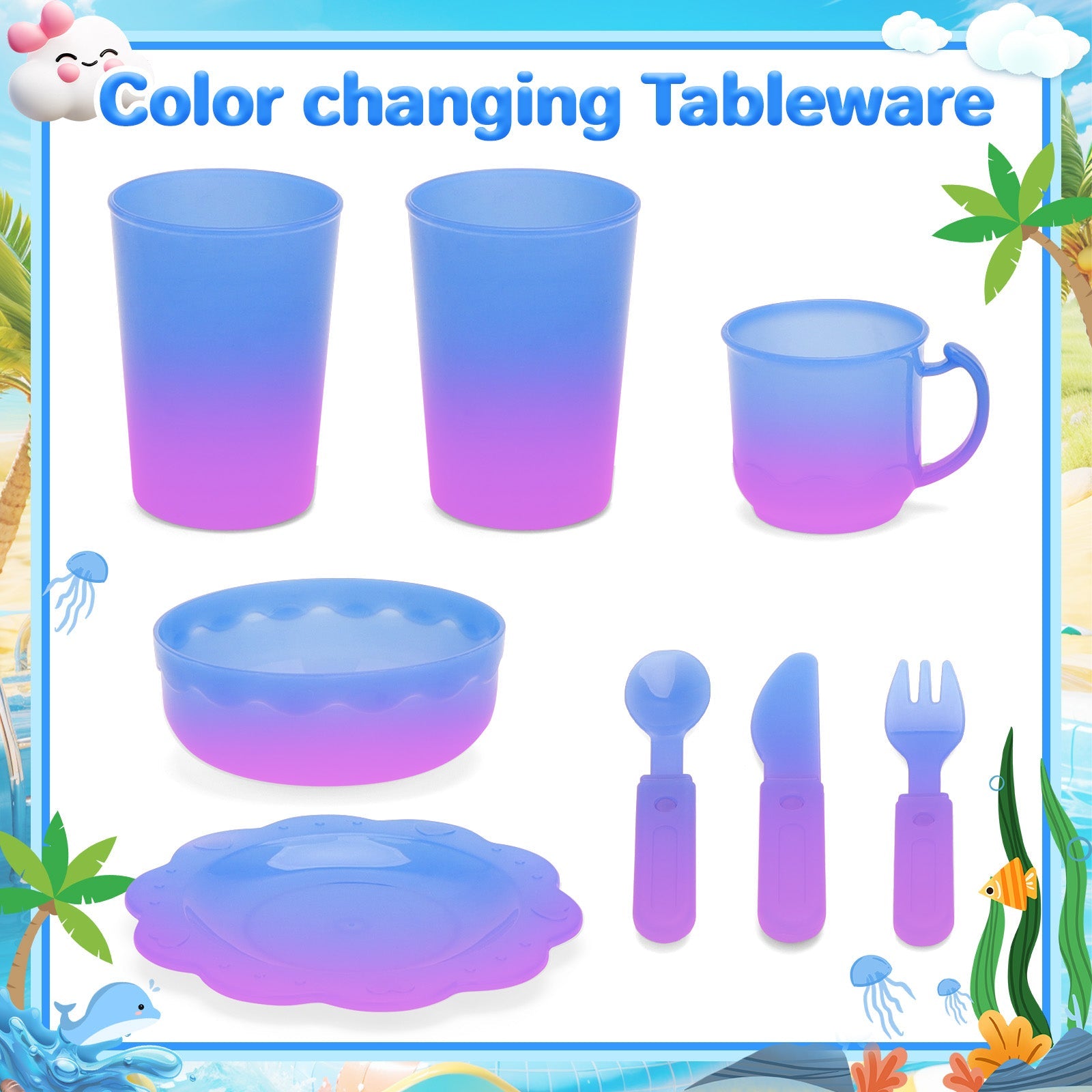 Beach Table & Simulation Kitchen Sink 2-in-1 Toy Set with Water Supply Function Simulation Dishwashing Set with Faucet Color-changing Tableware in Warm Water Children's Role Playing Toy with Accessories Gift
