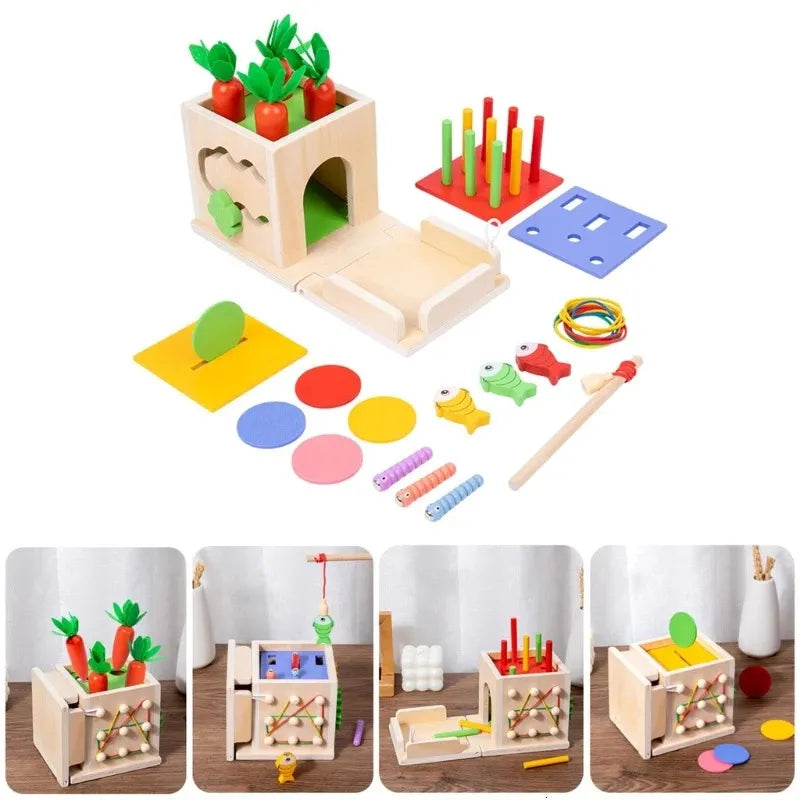Fidtoy Montessori Wooden Object Permanence Box – 8-in-1 Shape Sorting Activity Toy for Toddlers