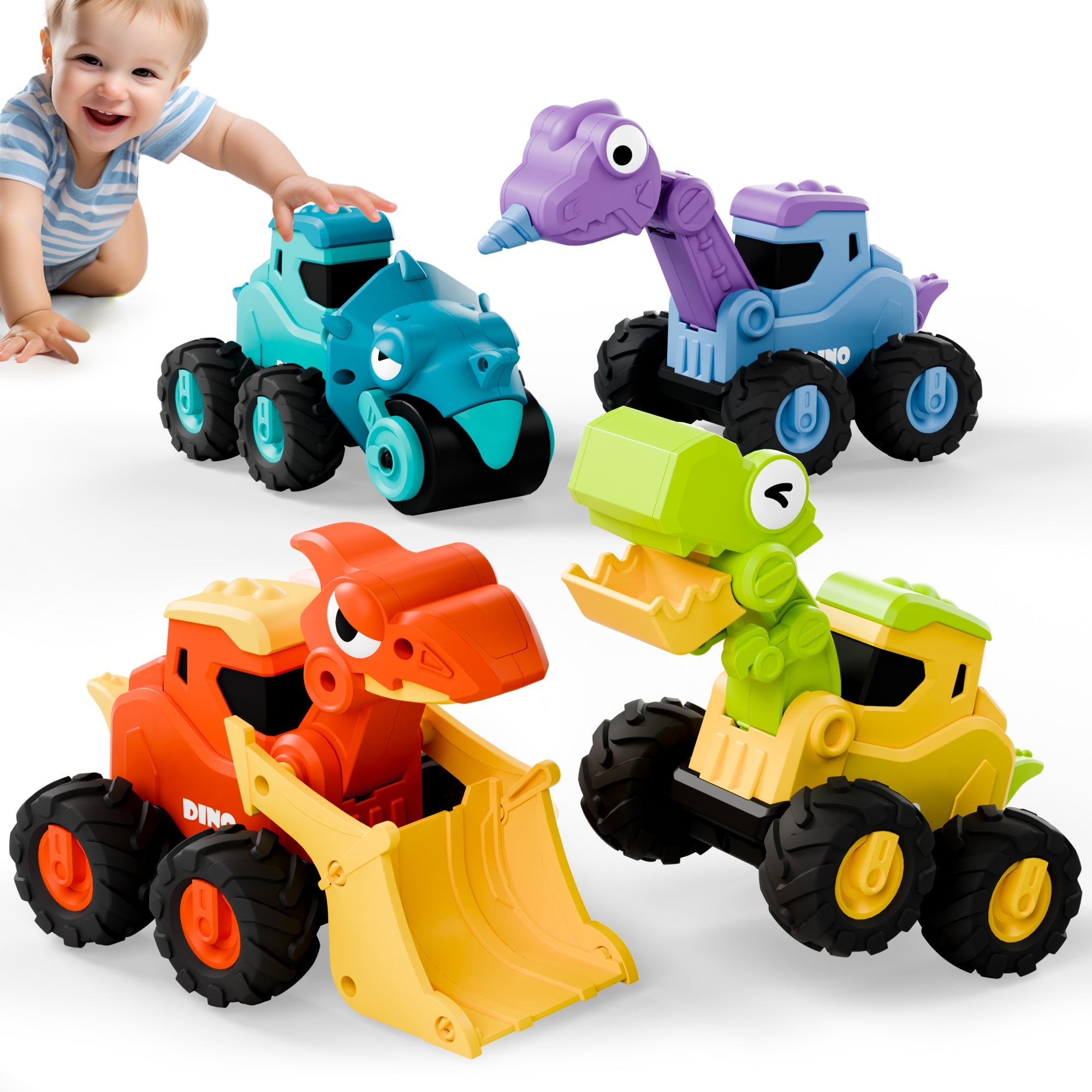 iPlay, iLearn Dinosaur Truck Toys for Toddlers, Boys Dino Press Go Racing Cars, Kids Construction Sandbox Vehicles Playset, Baby Push Go Friction Car Set, Birthday Gift for 18 Months 2 3 4 5 Years Old