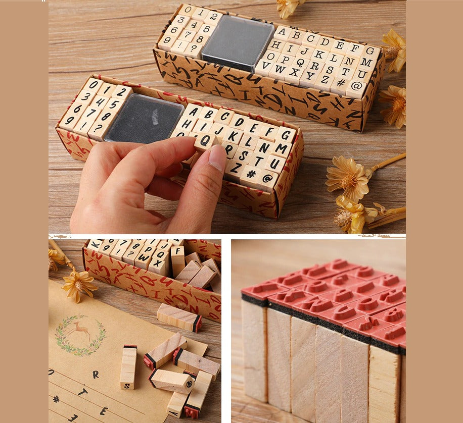 Tampon en Bois Chiffres et Lettres avec Tampon Encreur – 40 Pièces