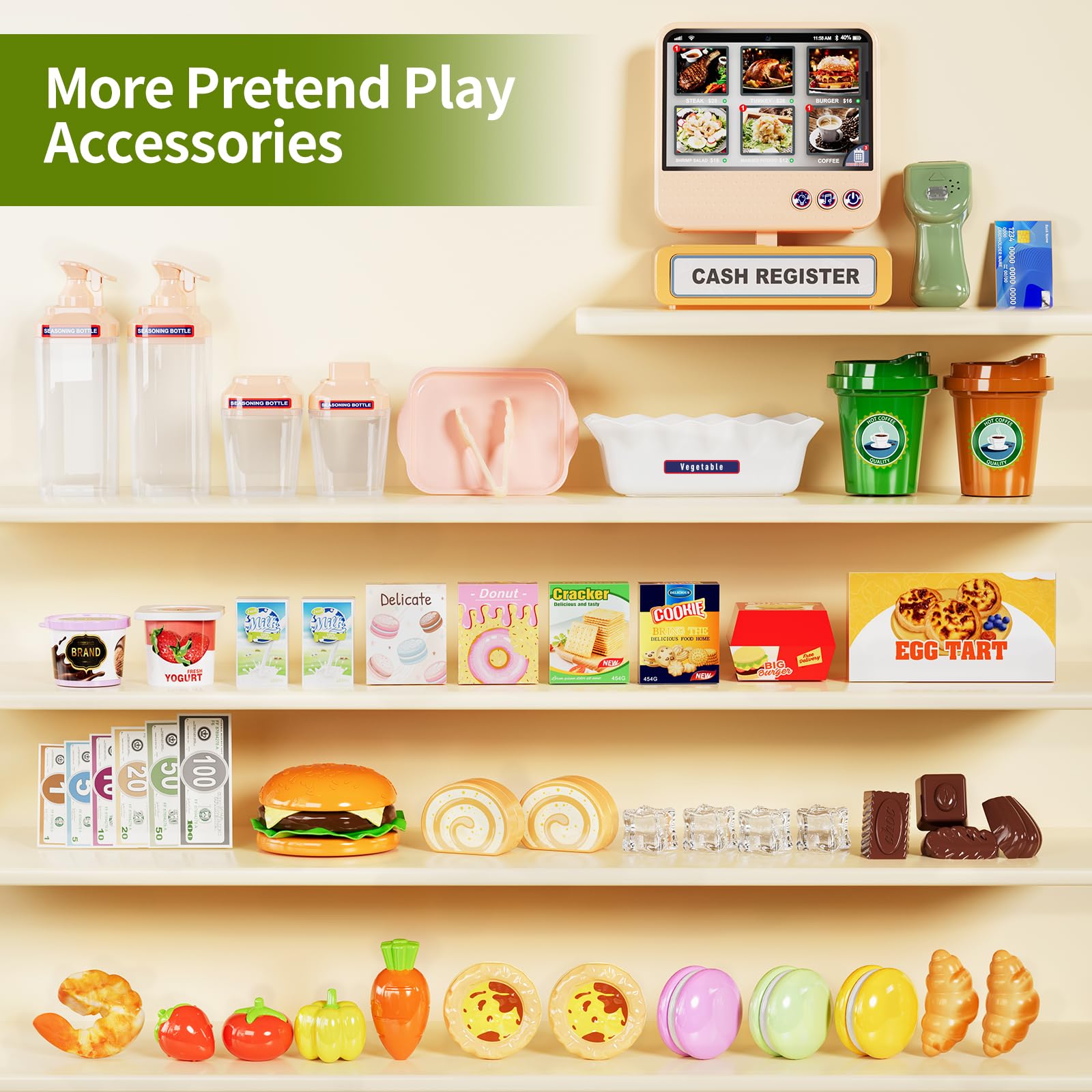 Supermarket Playset Deluxe Grocery Store with Cash Register & Coffee Maker Educational Role Play Toy for Toddlers & Kids (Green or Pink)