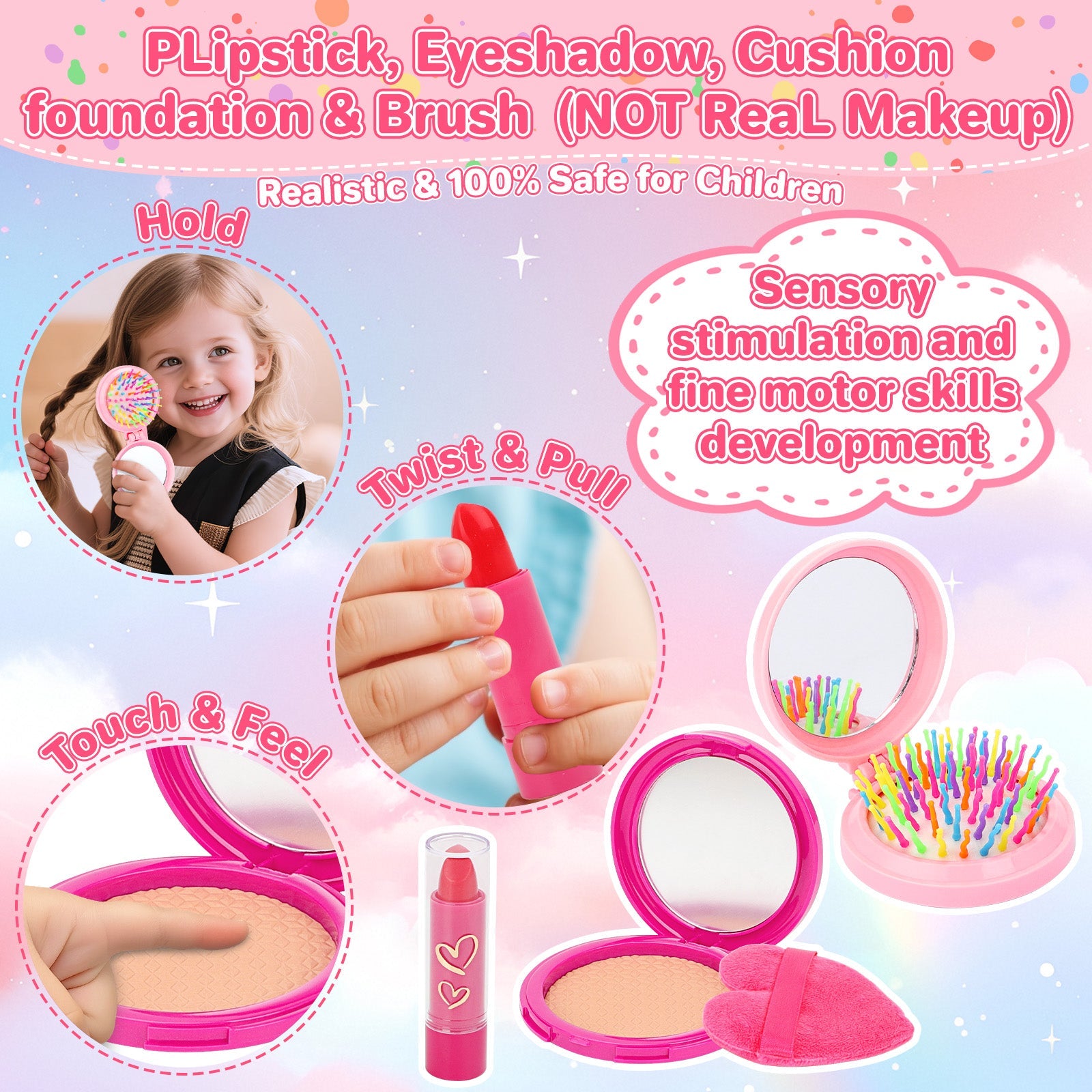 Kids Pretend Play Purse Set with Accessories – Girls Role Play Handbag Toy with Play Smartphone, Wallet, Fake Cash, Cards, Watch, Makeup, Hairbrush & Travel Cup – Educational Princess Dress Up Gifts for Girls Ages 3+