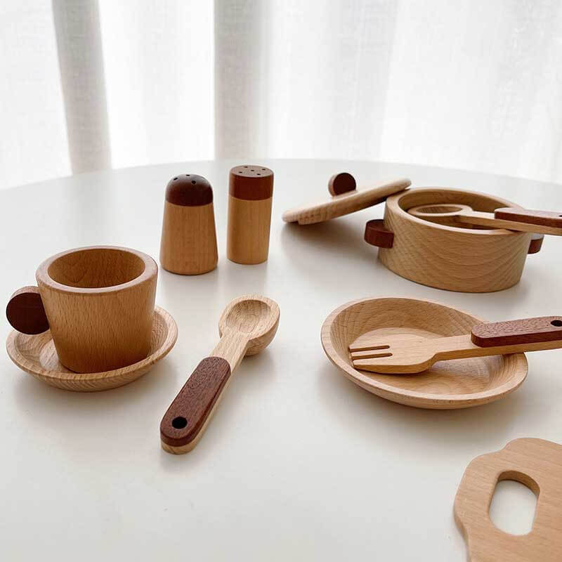 Fidtoy Wooden Play Kitchen Accessories – 15-Piece Pretend Cooking Set for Toddlers