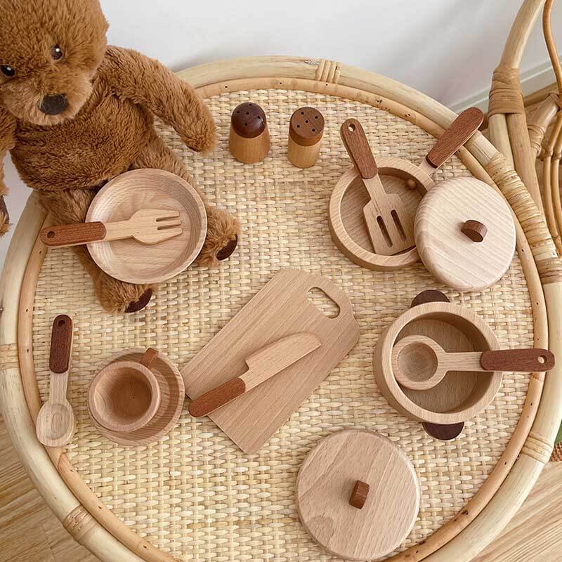 Fidtoy Wooden Play Kitchen Accessories – 15-Piece Pretend Cooking Set for Toddlers