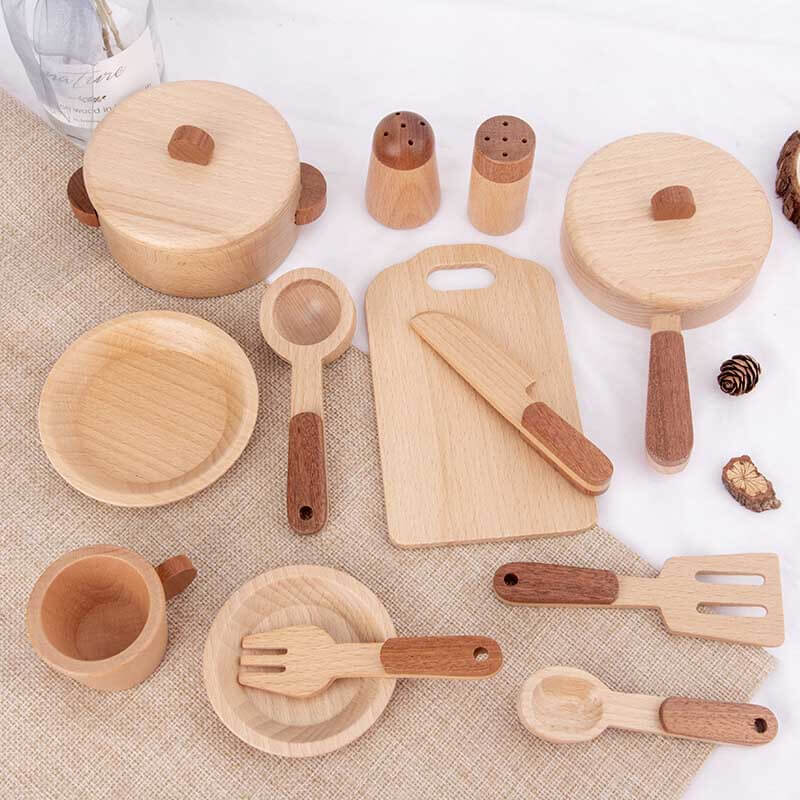 Fidtoy Wooden Play Kitchen Accessories – 15-Piece Pretend Cooking Set for Toddlers