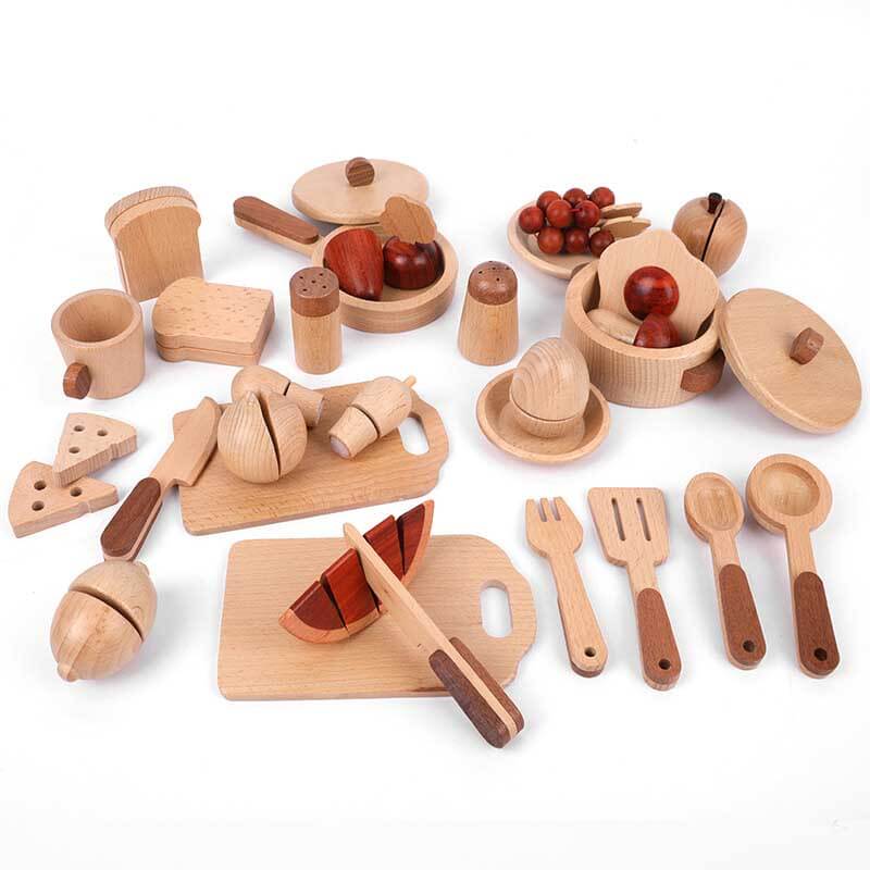 Fidtoy Wooden Play Kitchen Accessories – 15-Piece Pretend Cooking Set for Toddlers