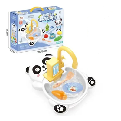 Fidtoy Panda Electric Kitchen Sink Circulating Water Pretend Play Set Plastic Role Play Sink Toy with 14 Accessories for Kids Ages 2-6