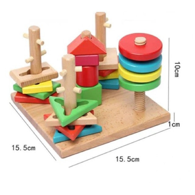 Wooden Educational Five 5 Column Shape Motor Skills Coordination Stacker