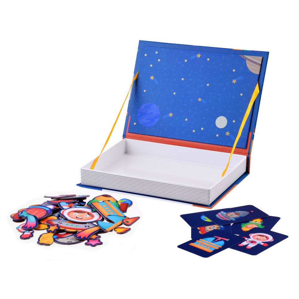 Fidtoy STEAM Magnetic Puzzle Book Space Theme for Kids Ages 2-6, 50-Piece Cardboard Magnetic UFO Puzzle Activity Book with Astronaut and Space Scene Pieces