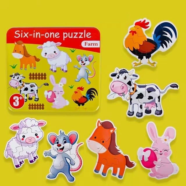 6in1 Jigsaw Puzzle with Number Farm Animal Tin Box - 523