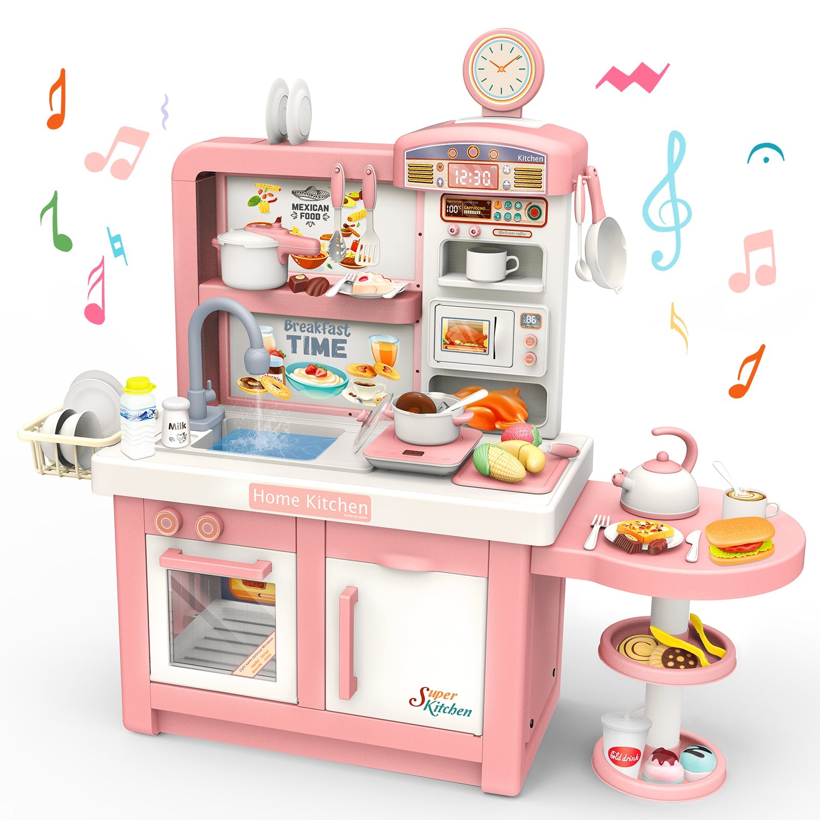 Kids Pretend Kitchen Toy Role Play Set with Light & Sound w/ Induction Cooktop Electronic Sink Coffee Maker Microwave Cooking Toy for Kids