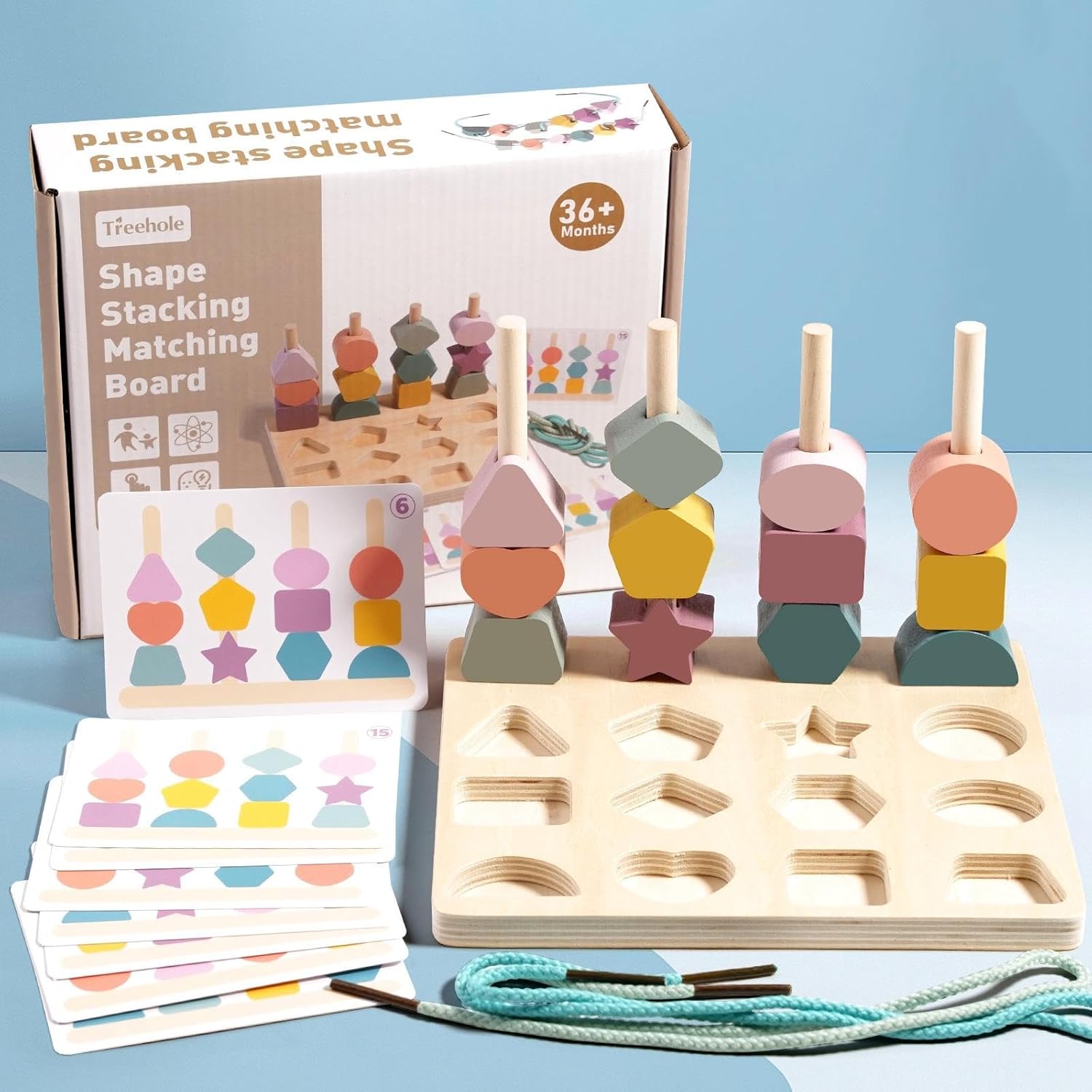 Wooden Montessori Shapes Stacking Sequence with Lacing - 194