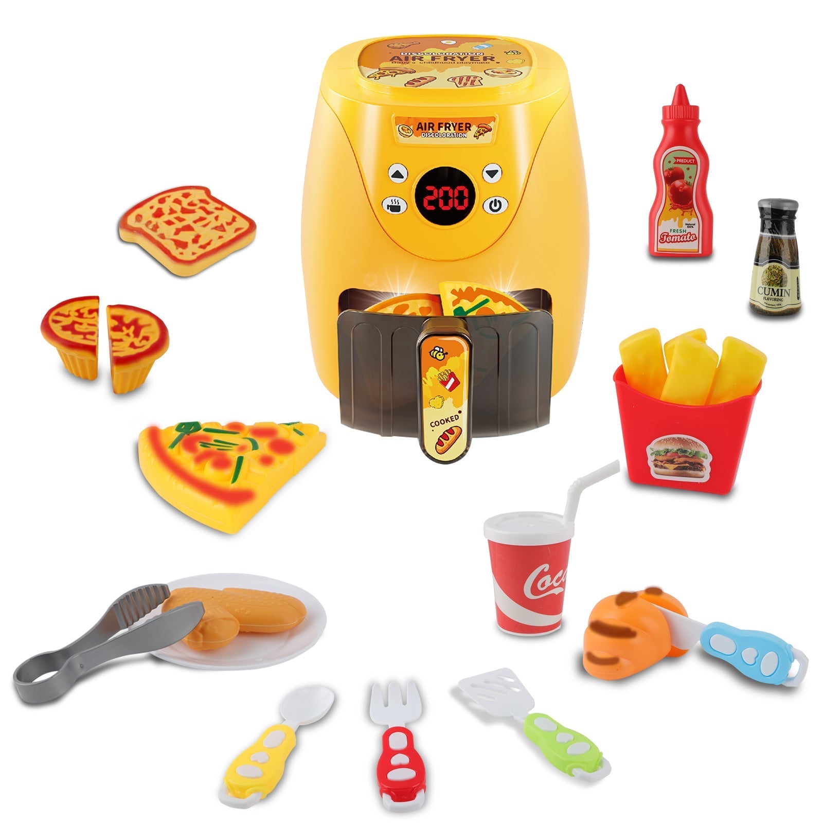 Freidora de aire para niños, juego de juguetes de cocina para niños y niñas, kit de juego de cocina con accesorios de alimentación sonoros, luminosos y que cambian de color Freidora de aire para niños, juego de juguetes de cocina para niños y niñas, kit de juego de cocina con accesorios de alimentación sonoros, luminosos y que cambian de color